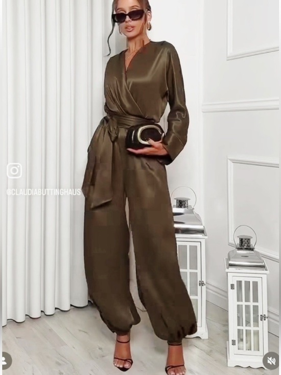 Zara Pants - Zara Olive Green Satin Wrap Jumpsuit
